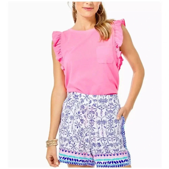 Lilly Pulitzer Pants - Lilly Pulitzer 5” Neilah Pull On Shorts Large Rayon Pink Blue Tropical